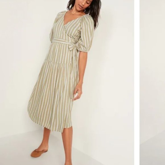 Waist-Defined Striped Tie-Belt Midi Wrap Dress for Women - Natural Stripe XS - Picture 1 of 2